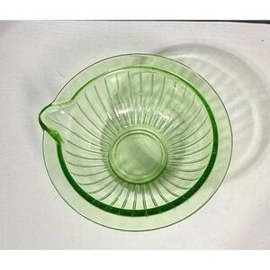 1930s Vintage Depression Uranium Green Ribbed Glass Mixing Batter Bowl w Spout